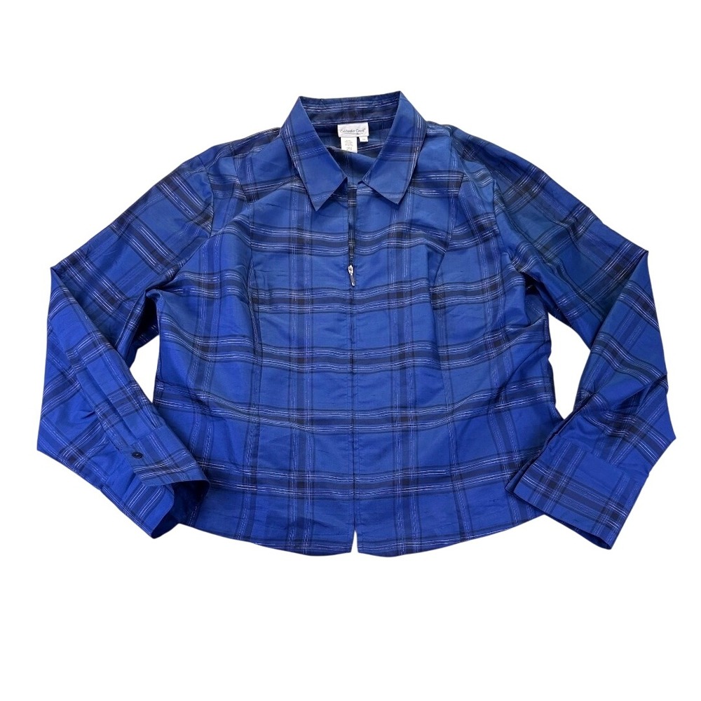 Coldwater Creek Blue Plaid Silk Blend Zip Front Blouse Plus SZ 3X Vintage Career